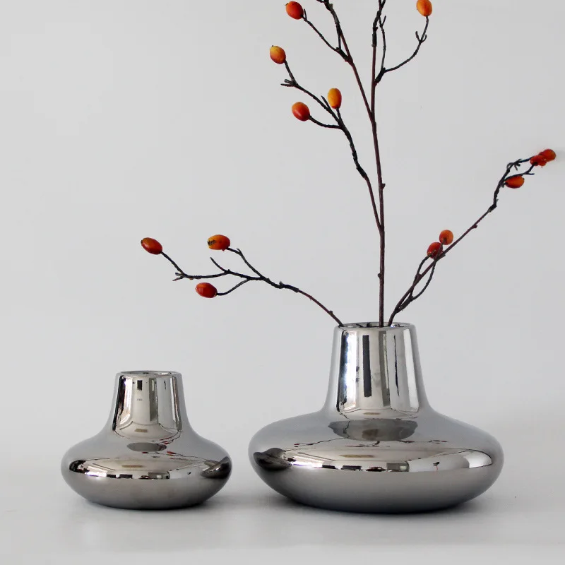 Nordic Ceramics Silver Plating Vase Home Flower Accessories Vase Living Room Wine Cabinet Decora Artwork Soft Outfit Ornaments