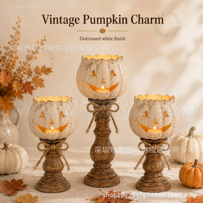 Rustic White Pumpkin Tealight Candle Holder Set, Farmhouse Halloween Pumpkin Tea Light Candle Holders Decor for Halloween Party