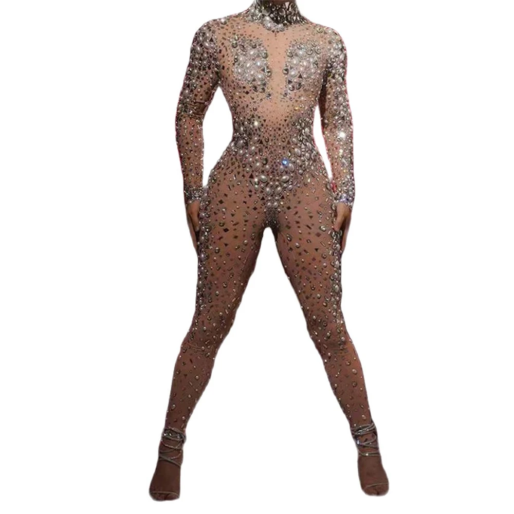 

Sparkly Rhinestone Jumpsuit Nude Women Body Suit Embellished Shiny Beaded Sequins Nightclub Singer Dancer Performance Stage Wear