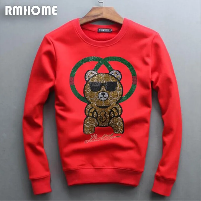 Men\'s Casual Sweater Rhinestone Bear Design High-quality Male Hoodies Warm Fashionable Top Daily Party Man Pullover Clothing 4XL