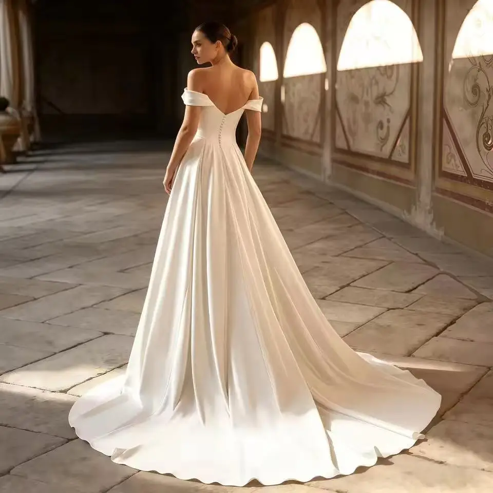 Customized Satin A Line Floor-Length Brush Train Wedding Dress Off Shoulder Sweetheart Backless Button Train Bridal Gown 2026
