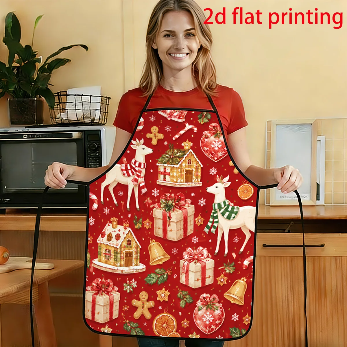 1pc 2D Flat European Tale Style Reindeer Gingerbread House Gift Pattern Printed Apron Durable And Easy To Clean Adjustable Waist