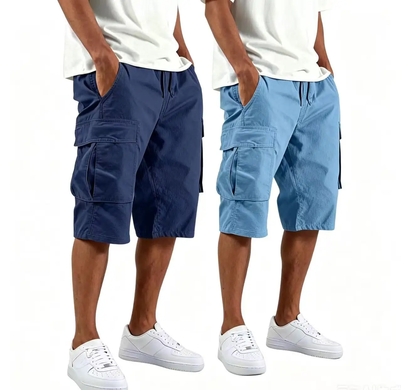 2 Pcs Pure Cotton Men Multi Pocket Cargo Capri Shorts Drawstring Loose Knee Length Casual Pants Multiple Colors Available Set