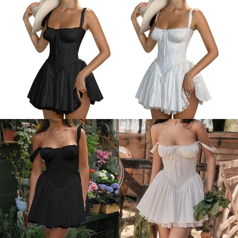 Sweet French Ruffle Mini Dress Women Summer Solid Color Spaghetti Strao Dress