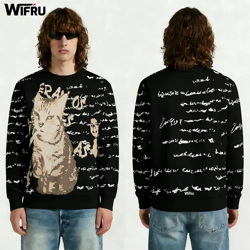 

Vintage Cat Portrait English Letter Graphic Pullover WIFRU Harajuku Aesthetic Long Sleeve Crewneck Top Unisex Casual Streetwear