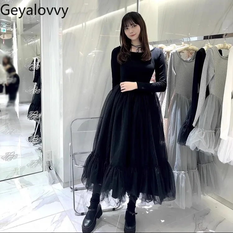 

Japanese Sweet Girls Solid-color Mesh Stitching Long-sleeved Dress Round Neck Terry High-waisted Slim-fitting Long Dresses