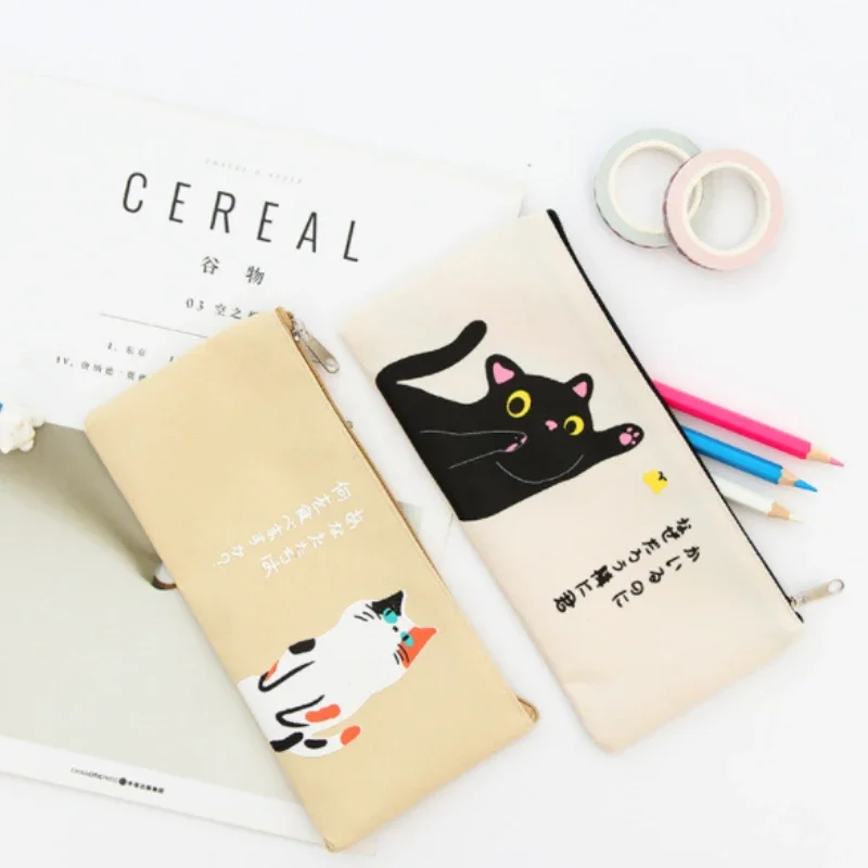 Cute Cartoon Cat Pencil Bag Canvas Pencil Case Student Stationery Pen Pencil Eraser Storage Bag Makeup Bag School Office Supply