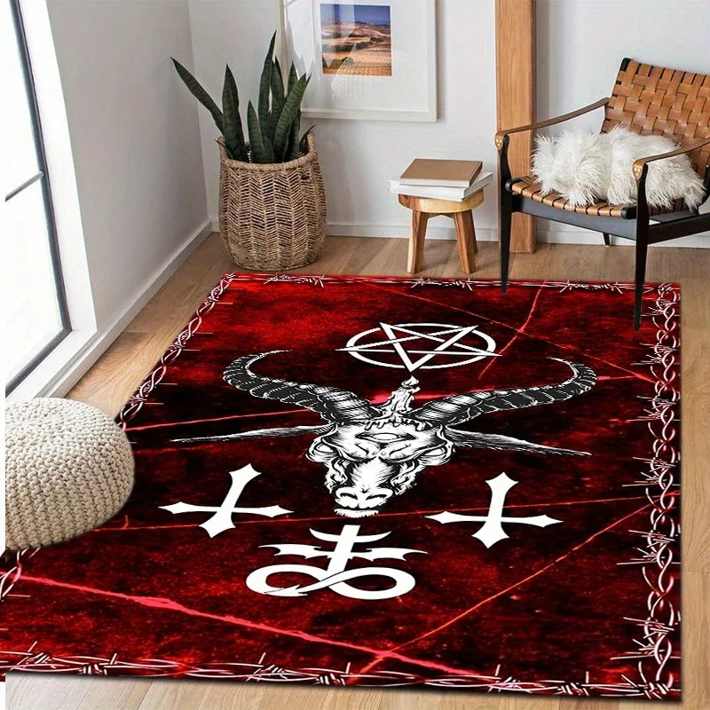 Satanic Skull Velvet Mat, Gothic Ram Head Design, Durable Non Slip, Home Office Outdoor Decor, Halloween Floor Rug