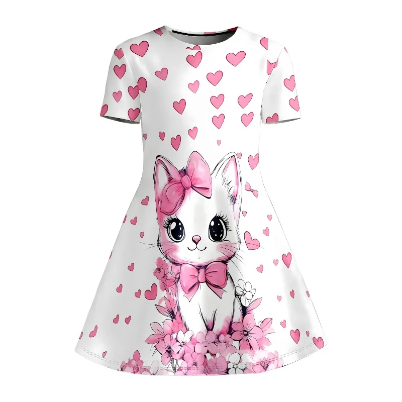 Niedliches Katzen- und Rosa-Herz-Motiv Bedrucktes T-Shirt-Kleid, Kinder-Tierliebhaber Blumen-Freizeitkleid Geeignet für Geburtstagsgeschenke – Detail 4