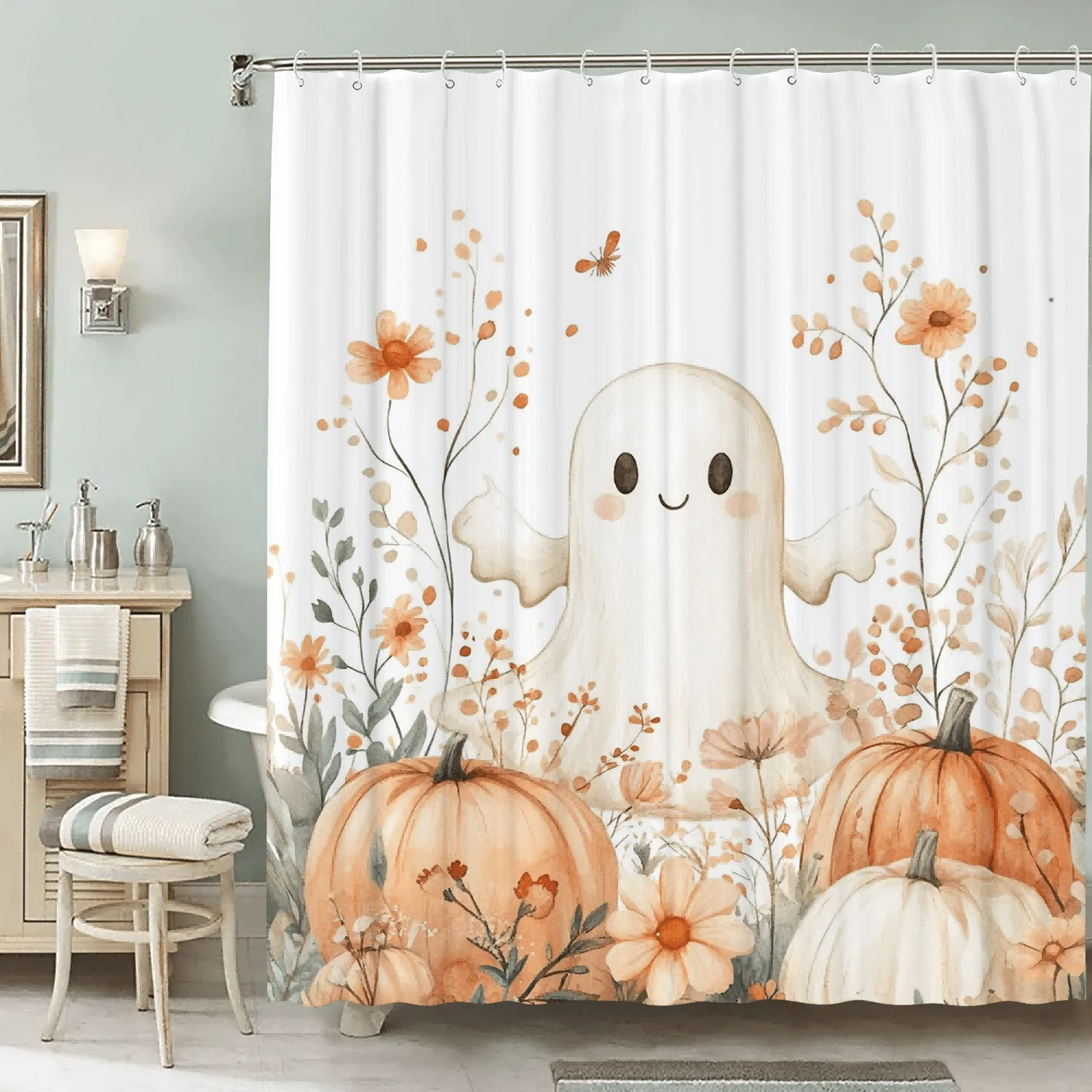 

Ghost & Pumpkin Shower Curtain – Artistic Floral Design, Water-Resistant Non-Woven Fabric with 12 Hooks for Home or Hotel Use
