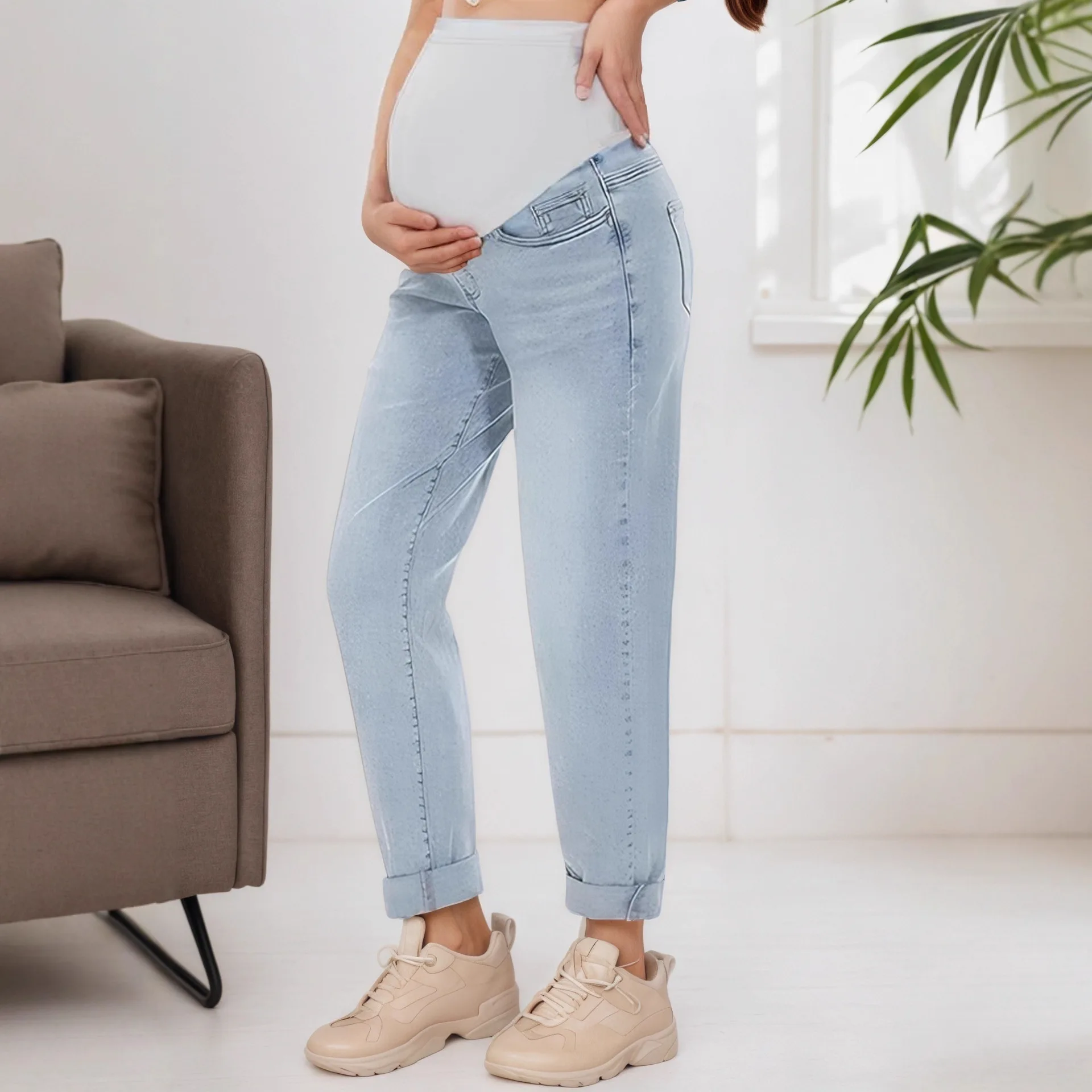 

Pregnant Women Denim Pants Maternity Elastic High Waist Belly Support Jeans New 2026 Spring Autumn Casual Pregnancy Clothing