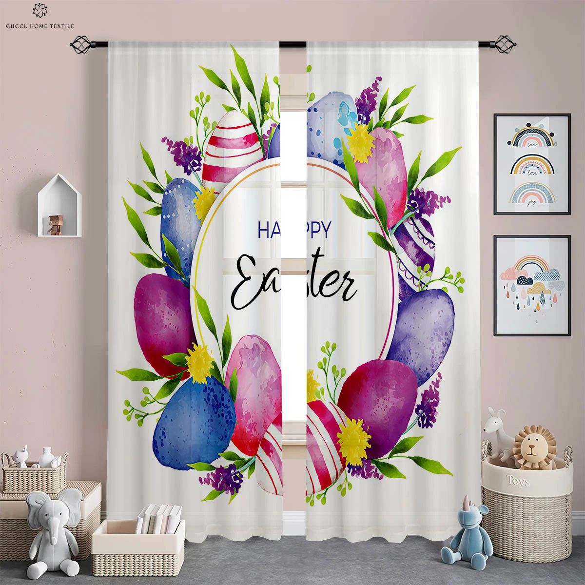 2 Pieces Easter Decorative Curtains Egg Tree Cartoon Rabbit Print Curtains Suitable for Bedroom Living Room Kitchen Curtains