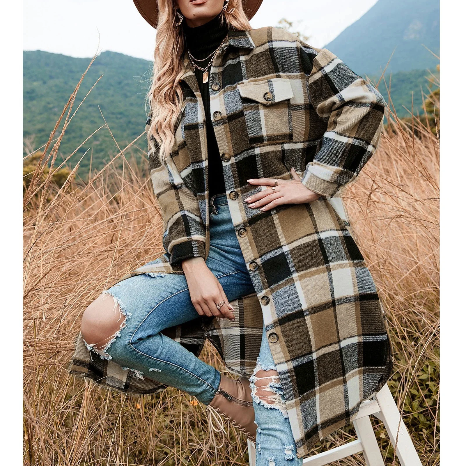 Women's Plaid Print Button Front Drop Shoulder Shirt Coat, Casual Long Sleeve Collared Flap Pocket Outerwear for Fall and Winter