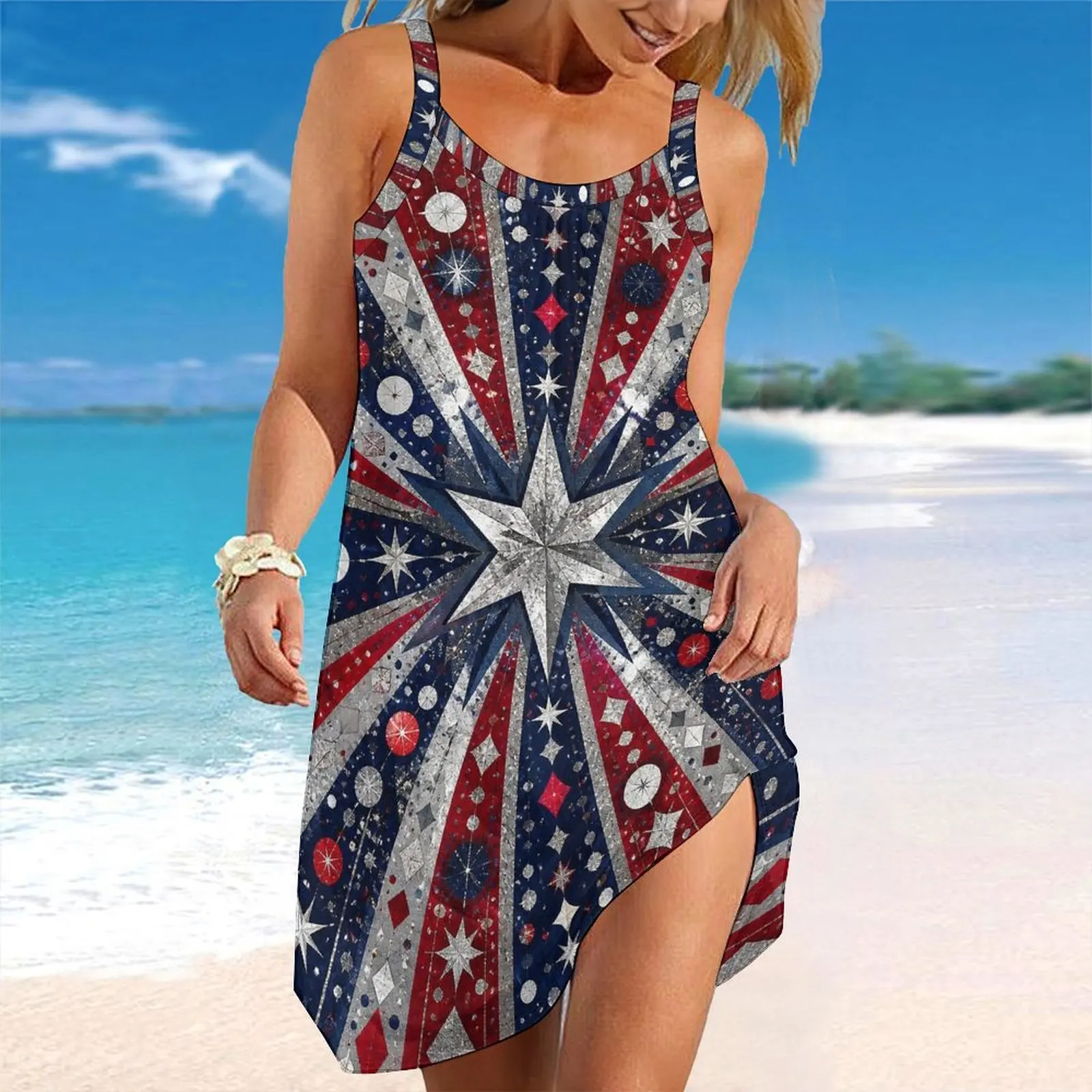 Women Spaghetti Strap Beach Dress V Neck Pleated Loose Mini Dress Custom Print Ladies Vacation Cover Up Dress