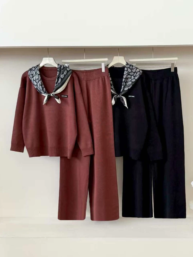 

Fashion Knitted Set Women's Spring autumn Clothes New Style Versatile Top Wide Leg Pants Two Piece Set