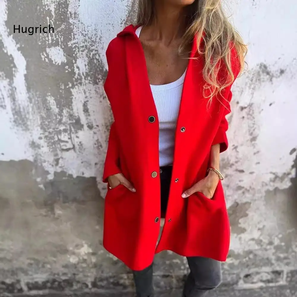 Casual Ladies Hooded Outer Coat Mid Length Snap Button Front Loose Wool Blend Jacket With Big Pockets Cold Season Wear