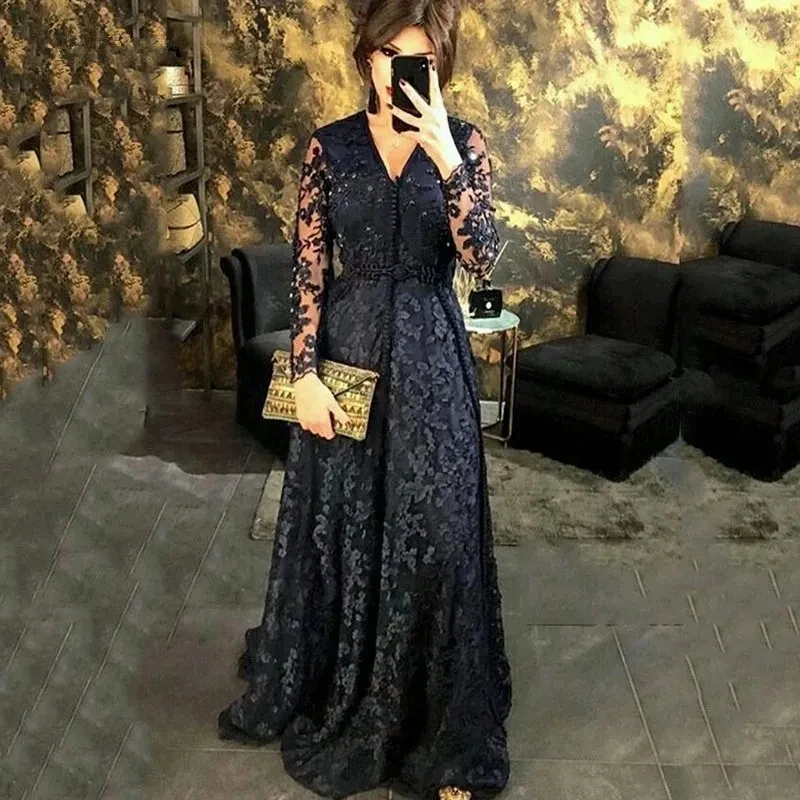 Black Moroccan Kaftan Muslim Evening Dresses A-line Long Sleeves Appliques Lace Dubai Arabic Turkey Caftan Abaya Islamic Gown