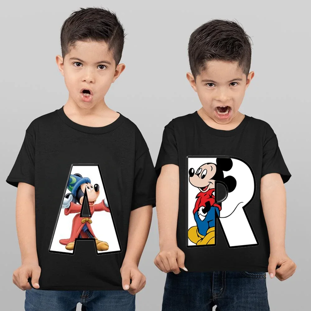 2024 New Summer Letter Combination Children High Quality T-shirt Disney Mickey Mouse Font A B C D E F Short Sleeve Kids Tshirt