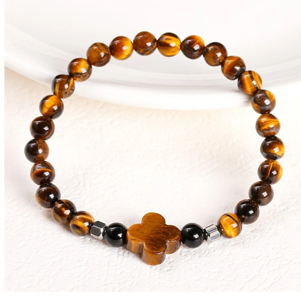 Elastic Yellow Tiger Eye Stone Bracelets Chic Neo-Chinese Style Ethnic Beaded Bangle Jewelry Classic Lucky Clover Bracelet