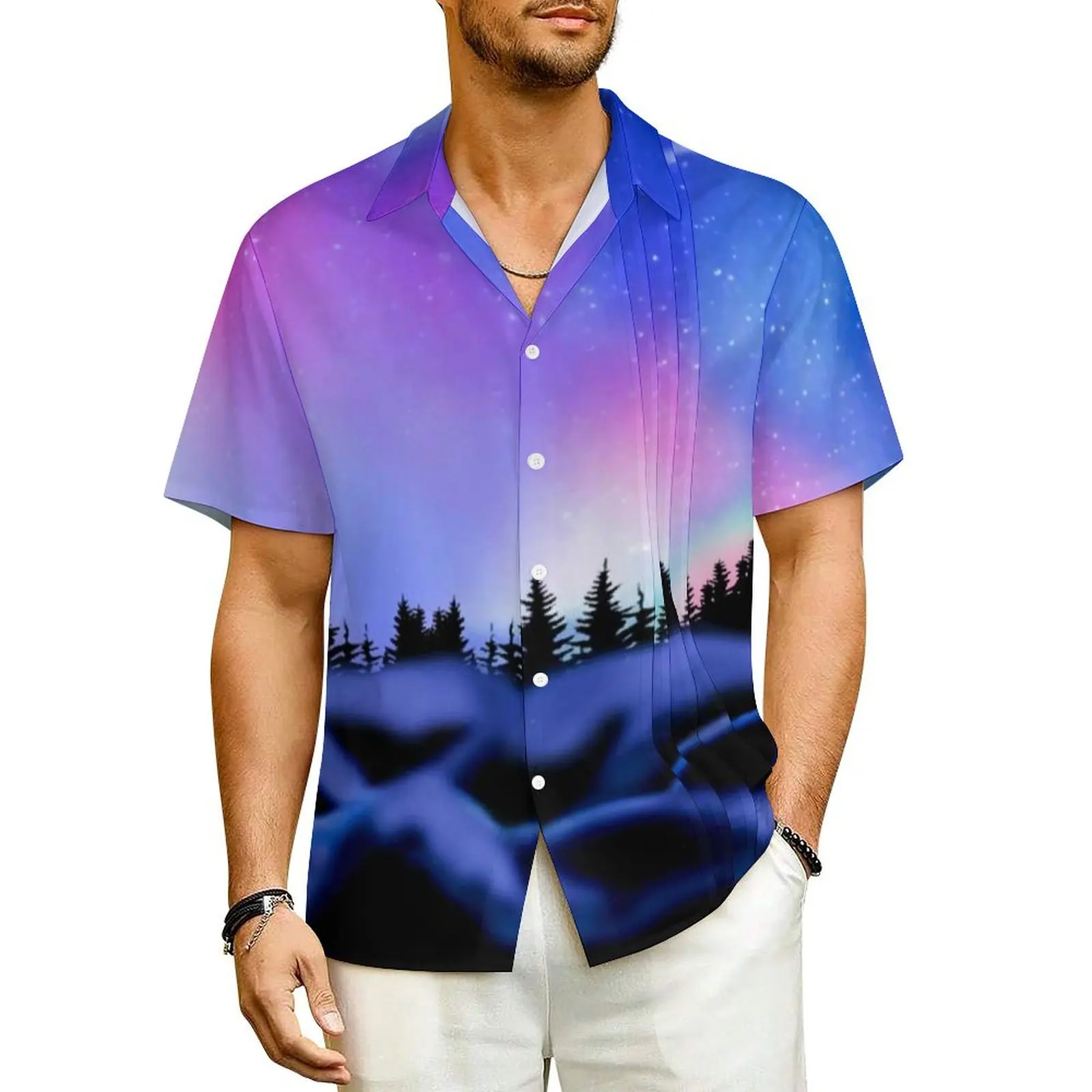 Northern Sky Print Beach Shirt Dreamy Lights Hawaii Casual Shirts Male Novelty Blouses Short Sleeves Stylish Custom DIY Clothing