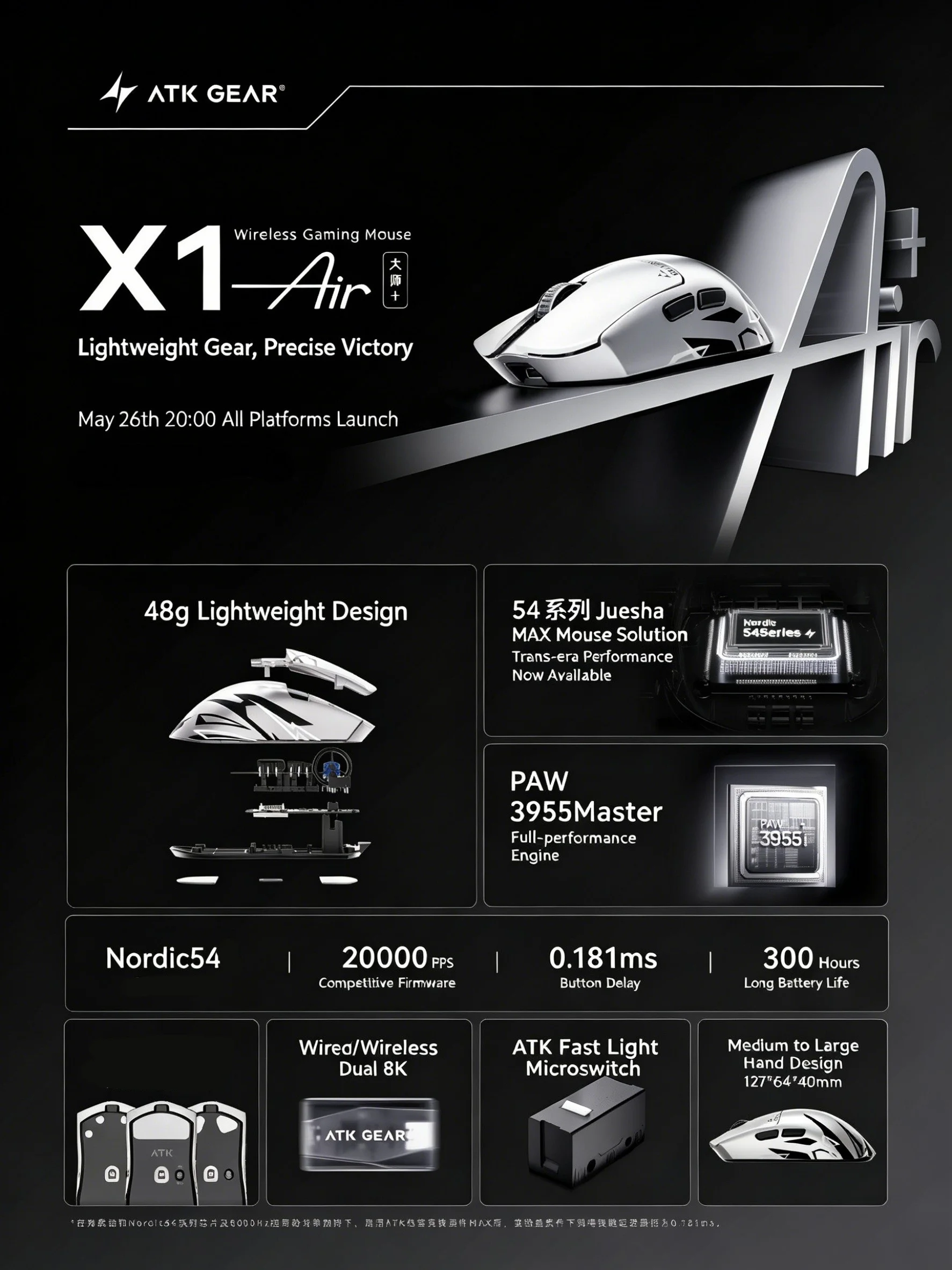 ATK Blazing Sky X1 Air Master Plus PAW3955 MASTER Dual 8K 48g Wireless Gaming Mouse Ultra Lightweight Ergonomic Dual Mode Esport
