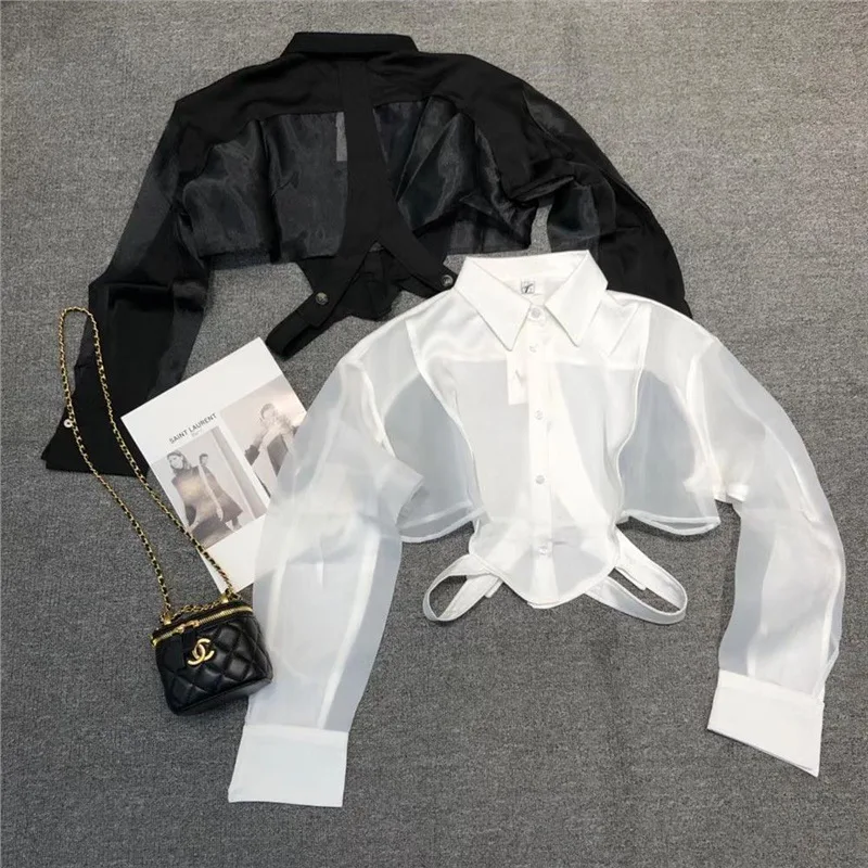 

Shirts Women Sun-proof Crop Tops Sheer Loose Chic Sexy Girls Ulzzang Fashion Casual Streetwear Camisa All-match Aesthetic Shirt