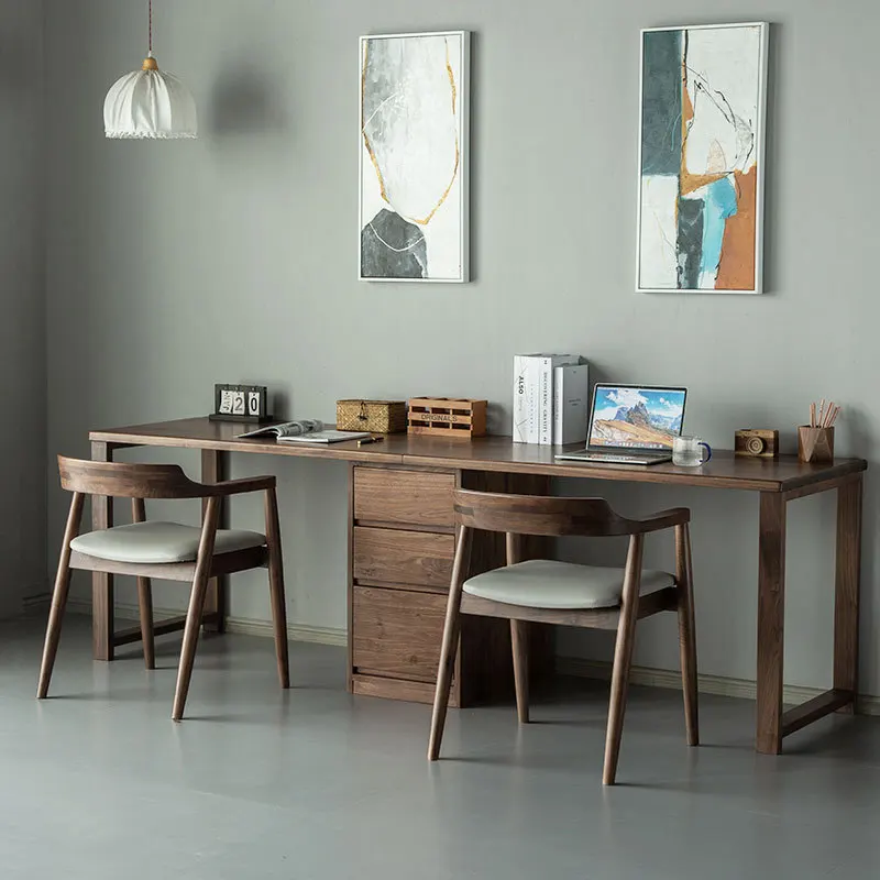 Double black walnut desk bookcase integrated, writing table with bookshelf