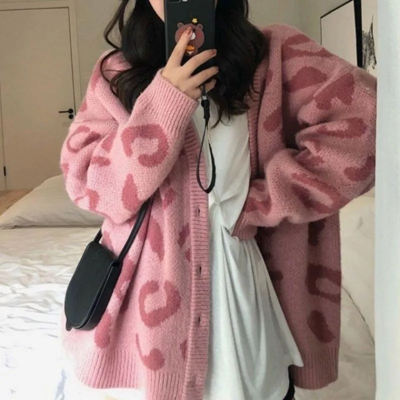 Leopard Print Cardigan Sweater Autumn Winter Vintage Knitted Single Button Warm Mid-length Sweater Coats Knitwear Fashion Coats