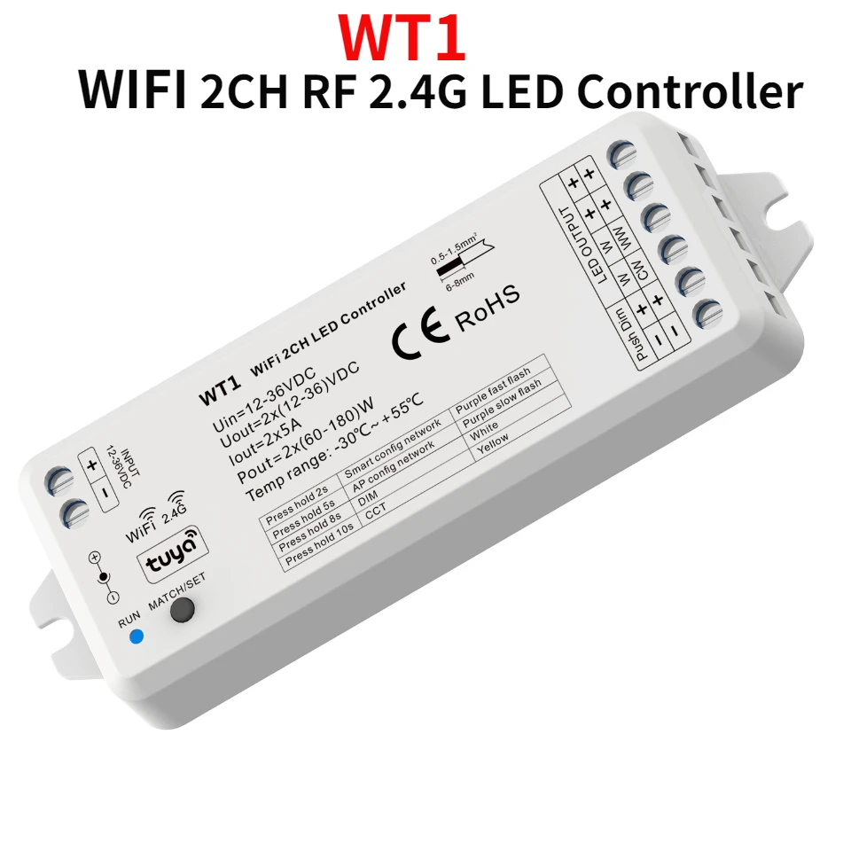 Imagem -03 - Controle de Voz Dimmer para Cor Única Wi-fi Inteligente rf 2.4g 2ch 5a Compatível com o Aplicativo Tuya Faixa de Led Cct Wb1 Bluetooth Wt1