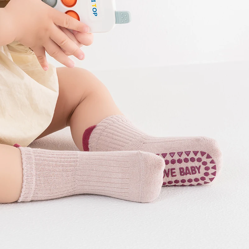 4 Pairs/lot 0-3Y Newborn Baby Socks Spring Autumn Pure Cotton Non Slip Contrast Color Middle Tube Kids Floor Socks