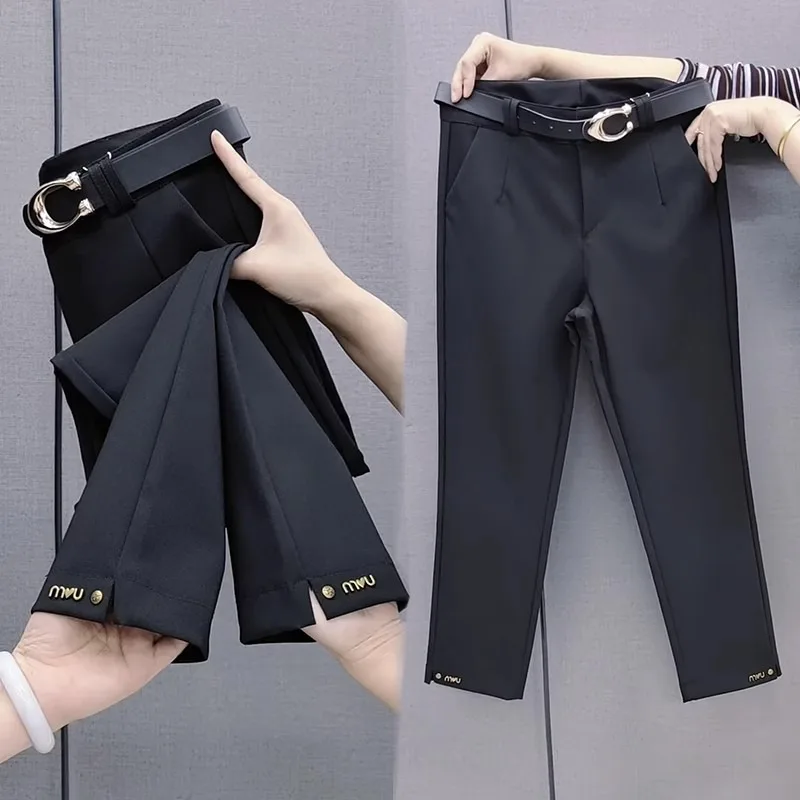 

Korean Black Suit Pants 2025 Spring Women Pant High Waist Cropped Casual Pants Elegant Slim Office Straight Leg Trousers Female