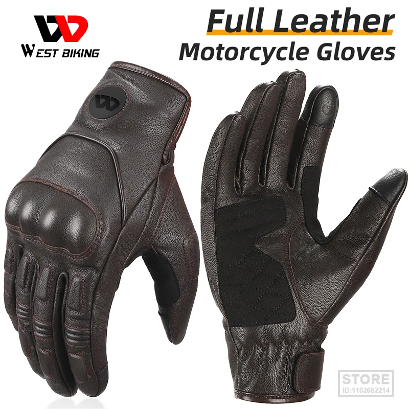 

WEST BIKING Leather Motorcycle Gloves Men Outdoor Windproof Full Finger Touch Screen 3D Protection Punk Motocross