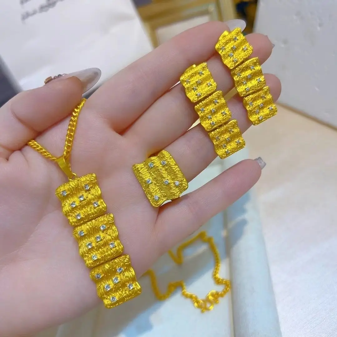 Nuevo conjunto de joyería chapado en oro de 24 quilates de España: collar, pendientes y anillos, ideal para bodas románticas y fiestas de compromiso para amantes DD10636
