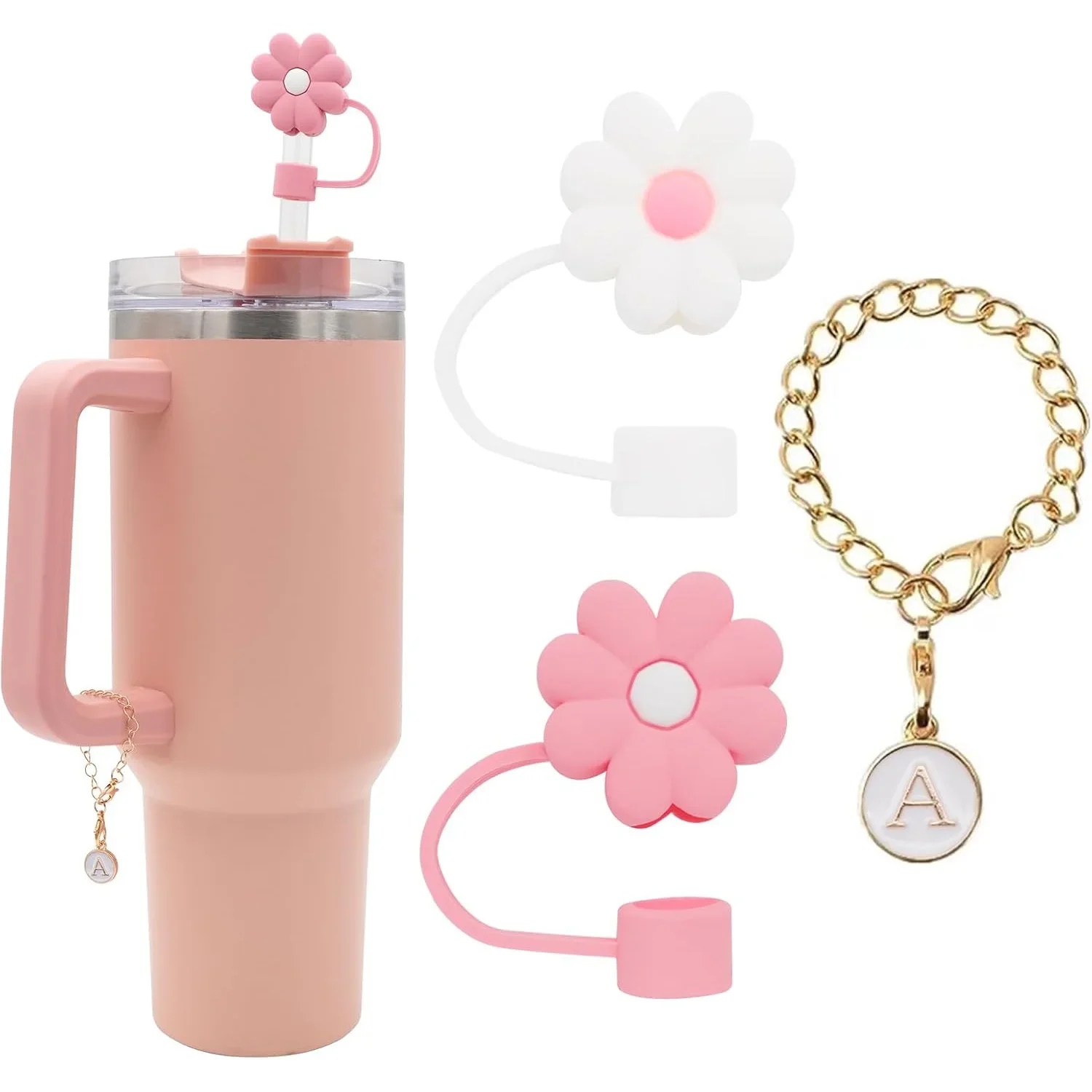 3 uds cubierta de paja para taza Stanley 30 40 Oz vasos accesorios 10mm flor tapa de paja de silicona con dije de letra inicial