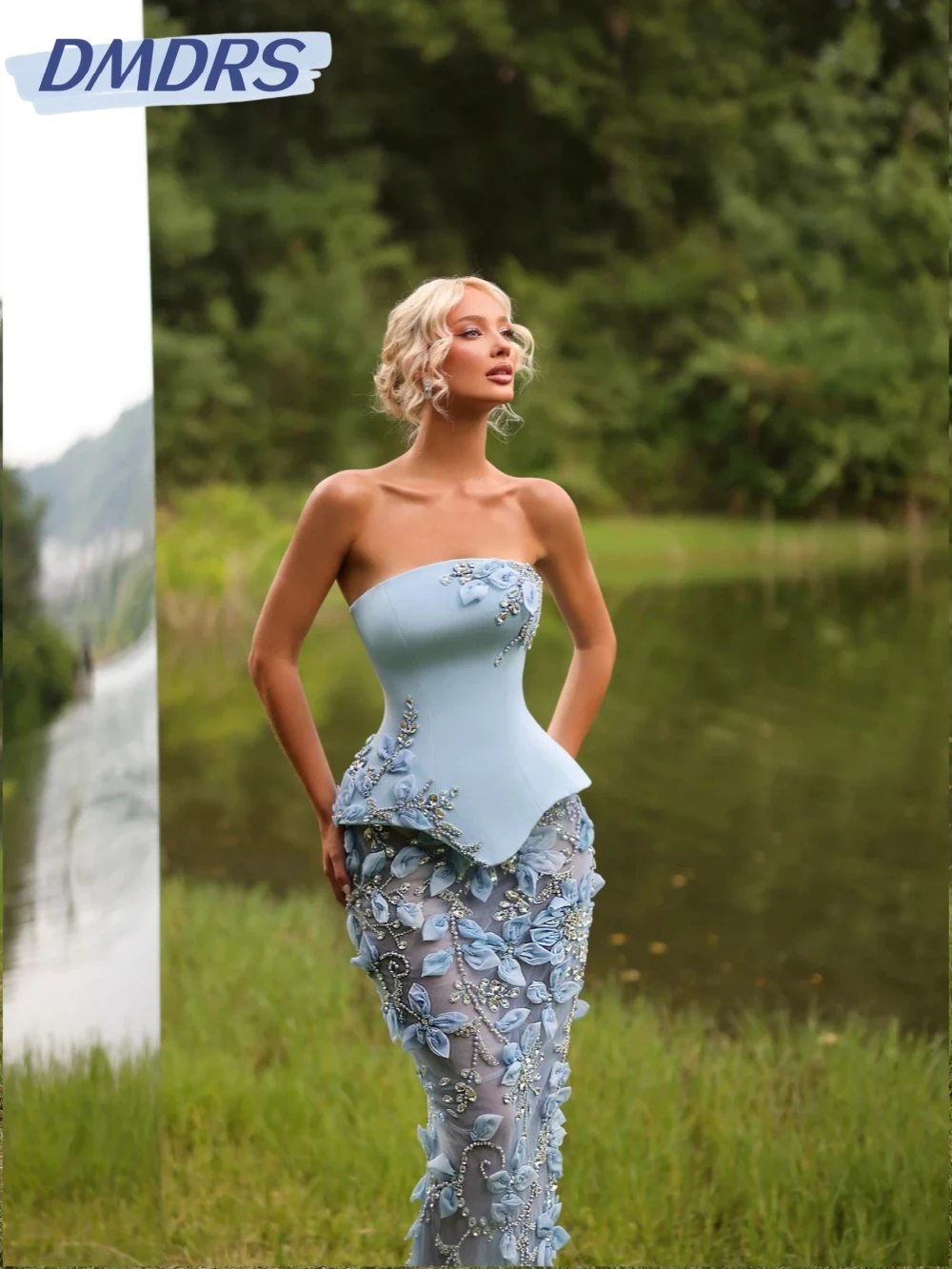 

Sky Blue Crystal Evening Dress With Corset Opulent Dreamy 3D Flower Wedding Party Gown Customized Illusion Straight Prom Dresses