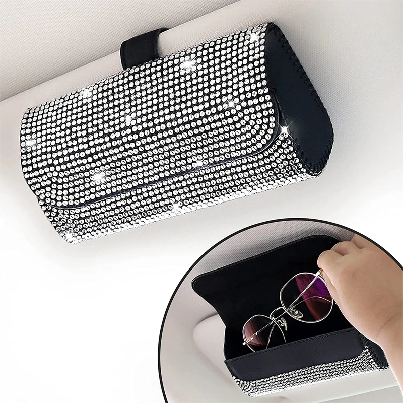 Diamond Car Glasses Case Sunglasses Storage Box Glasses Holder Sun Visor Glasses Case Bling Car Accessories Interior for Women