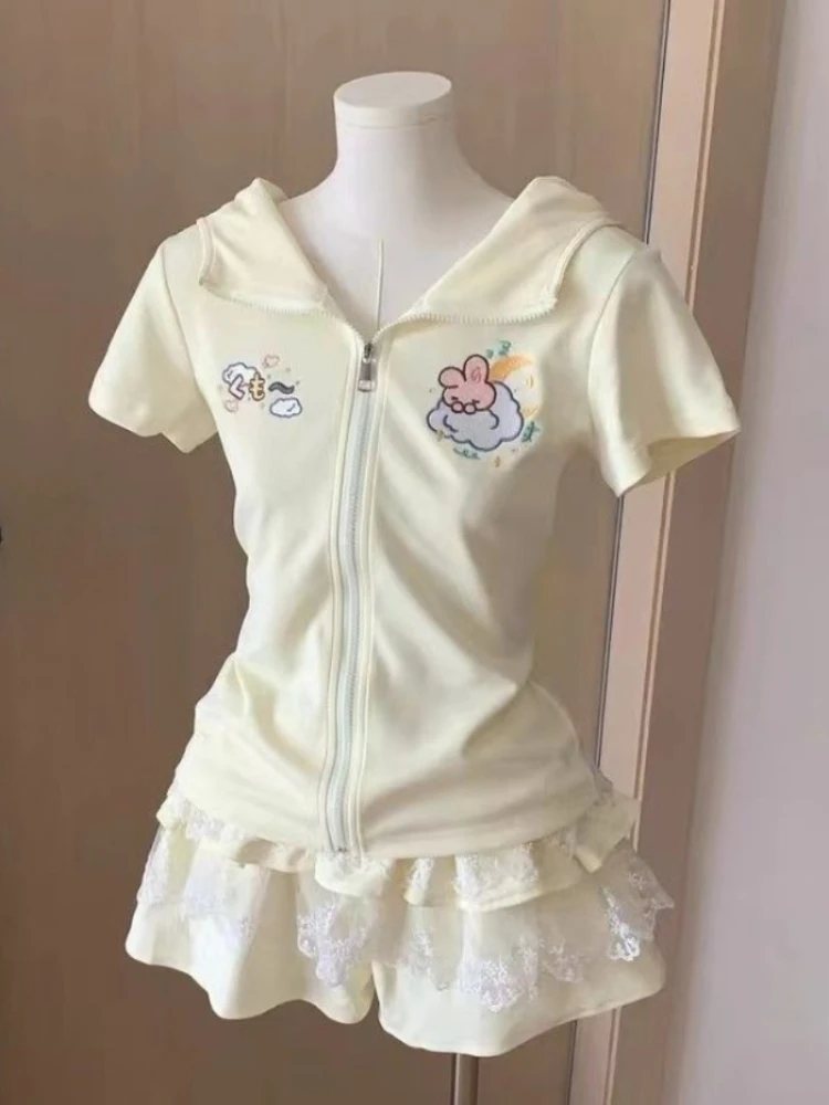 المرأة الأرنب الأذن هوديي لطيف أنيمي البلوز الصيف سليم صالح Kawaii طويلة الأكمام القصيرة البلوز ملابس الشارع الشهير Y2K القمم جديد #1