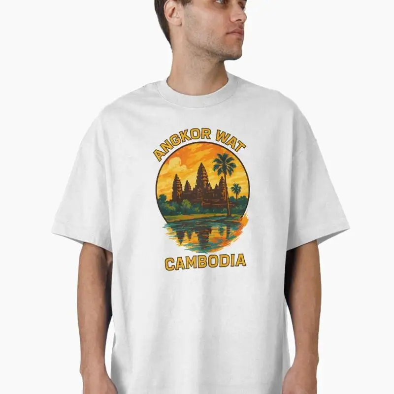 Angkor Wat Cambodia Travel Art Ancient Khmer Temple Illustration Oversized T-Shirt