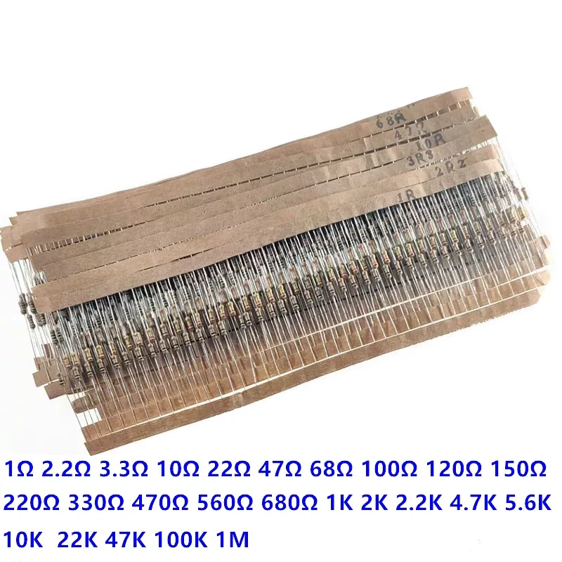 1000PCS=25Value X 40PCS 1/4W 5% Carbon Film Resistor Pack 1R~1MΩ, Assorted Color Code Resistors KIT