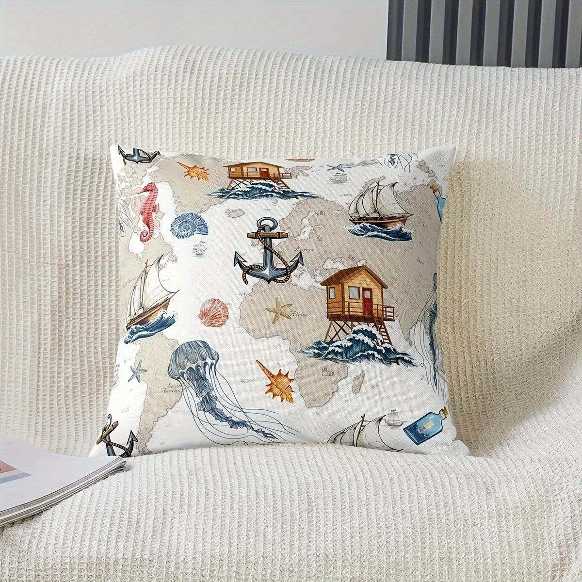 Charming Ocean Life Linen Pillowcase - Blue Anchor,Seahorse&Jellyfish Design Single-Sided Print | Perfect for Home Decor & Gifts