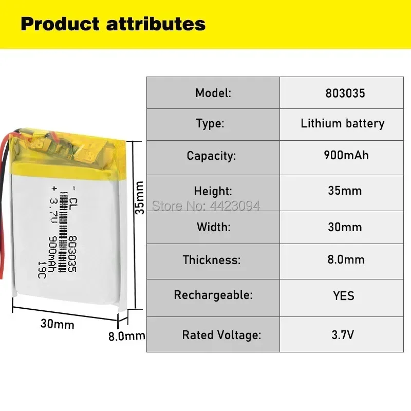 Rechargeable Polymer Lithium battery 900mah 3.7V 803035 Li-ion battery for dvr,GPS,mp3,mp4,mp5 power bank,speaker humidifier