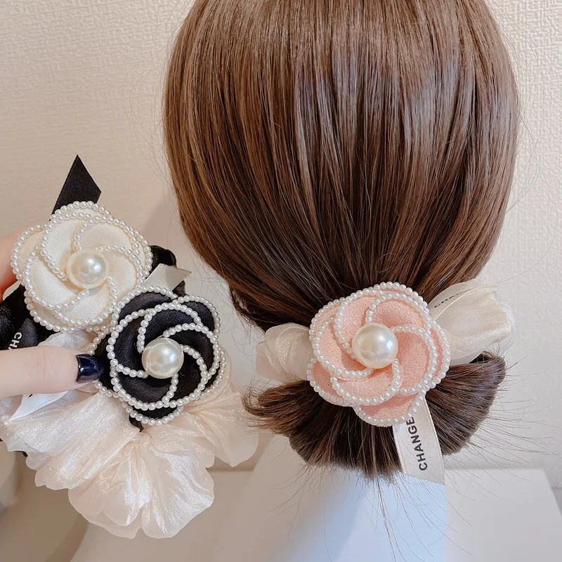 Camellia Flower Chiffon Large Intestine Hair Ring Ties Temperament Ball Head Ponytail Thick Rope  Accessories for Girls