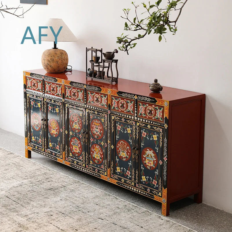 Wabi Tibetan Cabinet for Antique Solid Wood Sideboard for Bedroom Storage Entrance Hall Cabinet for Classical Painted
