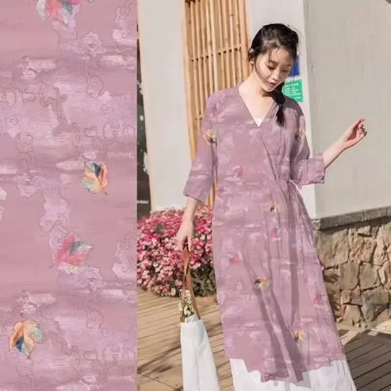 Maple Leaf Xiangyun High Quality Natural Ramie Linen Long Dress Summer Fabric Printing Chinese Robe Dress Tisu Sewing DIY 2024