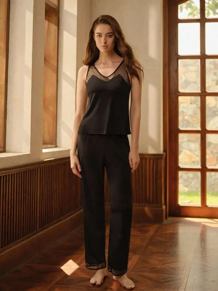 

Black Contrast Mesh Lace Trim Sleepwear Set For Women Summer