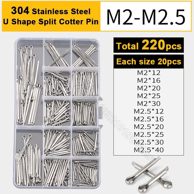 

220Pc M2 M2.5 Stainless Steel U Shape Type Spring Split Cotter Pin Set Steel Pins Clamp Open Elastic Clip Fixings Assortment Kit