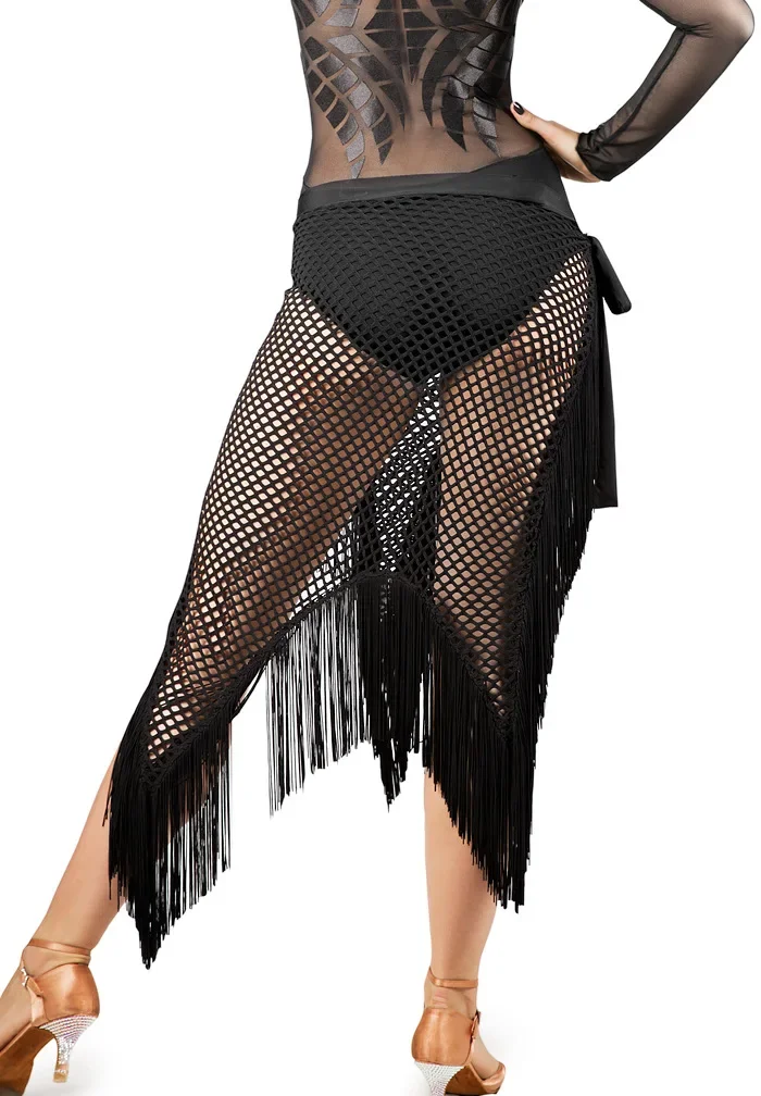 

Women's fishing net cloth irregular black tassel Latin dance costume