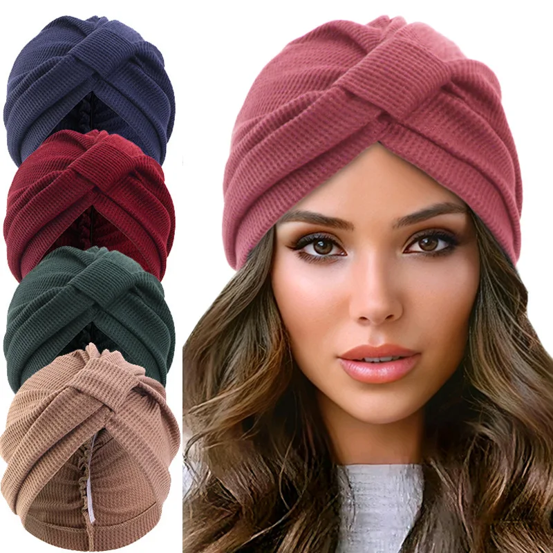 

3 Pcs/Set Solid Color Muslim Turban Hat Chemotherapy Cap Bandanas Breathable Waffle Headscarf Hat Head Wrap Elastic Indian Hat