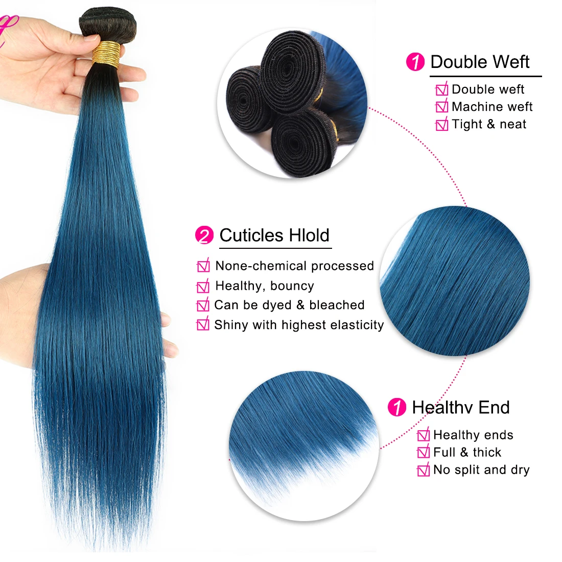 1/tessuto blu dei capelli umani 1/3/4 fasci di estensione dei capelli umani lisci 1/fasci di capelli lisci Remy brasiliani blu