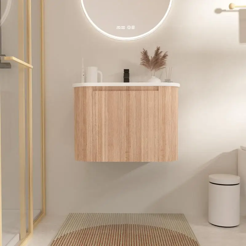 زينة حمام مثبتة على الحائط مقاس 24 بوصة مع حوض، تصميم منحني، لمسة نهائية من الخشب ذات ملمس مموج، رخام مدمج، تم تجميعها مسبقًا، #2